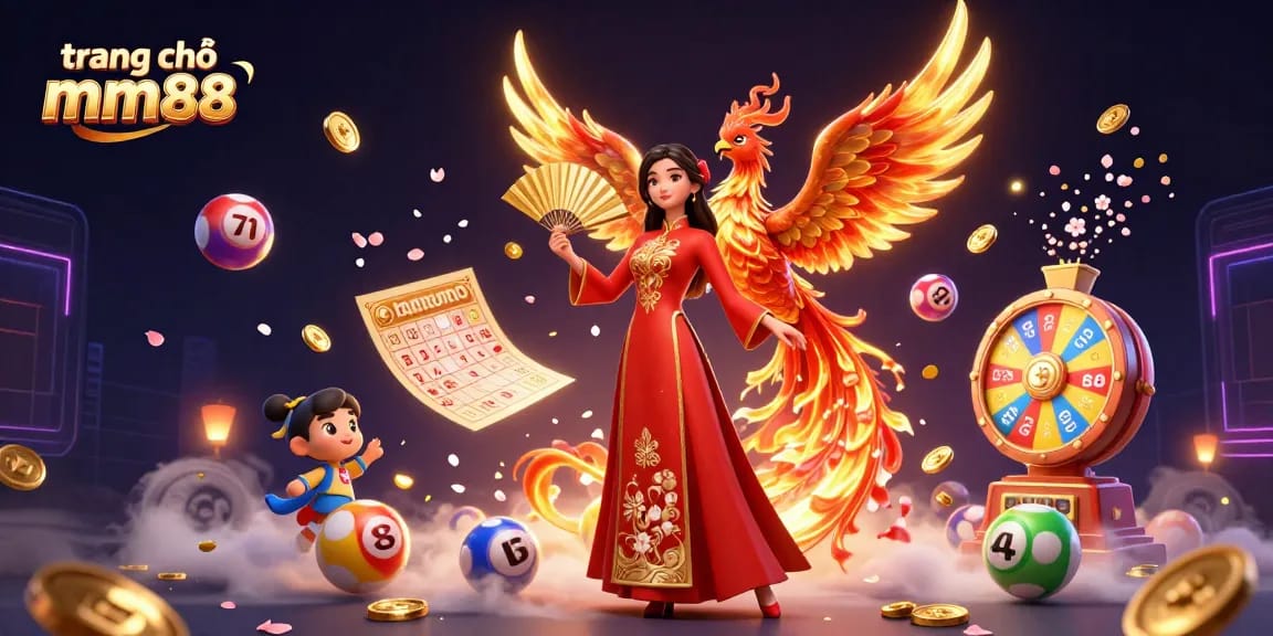 Experience the excitement at trang chủ mm88 with vibrant lottery and gaming elements surrounding a beautiful Vietnamese themed character.
