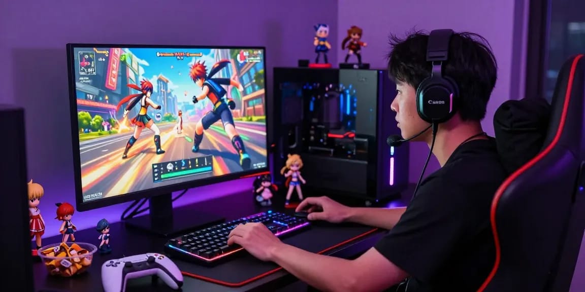 Engaged gamer playing a hentai game on a vivid gaming setup with LED lights.