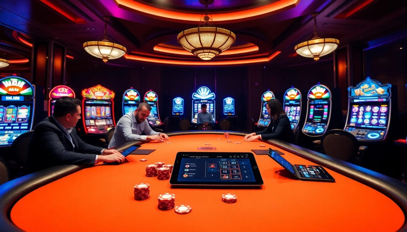 Players betting big at a stylish hm88 poker table in a bustling casino atmosphere.