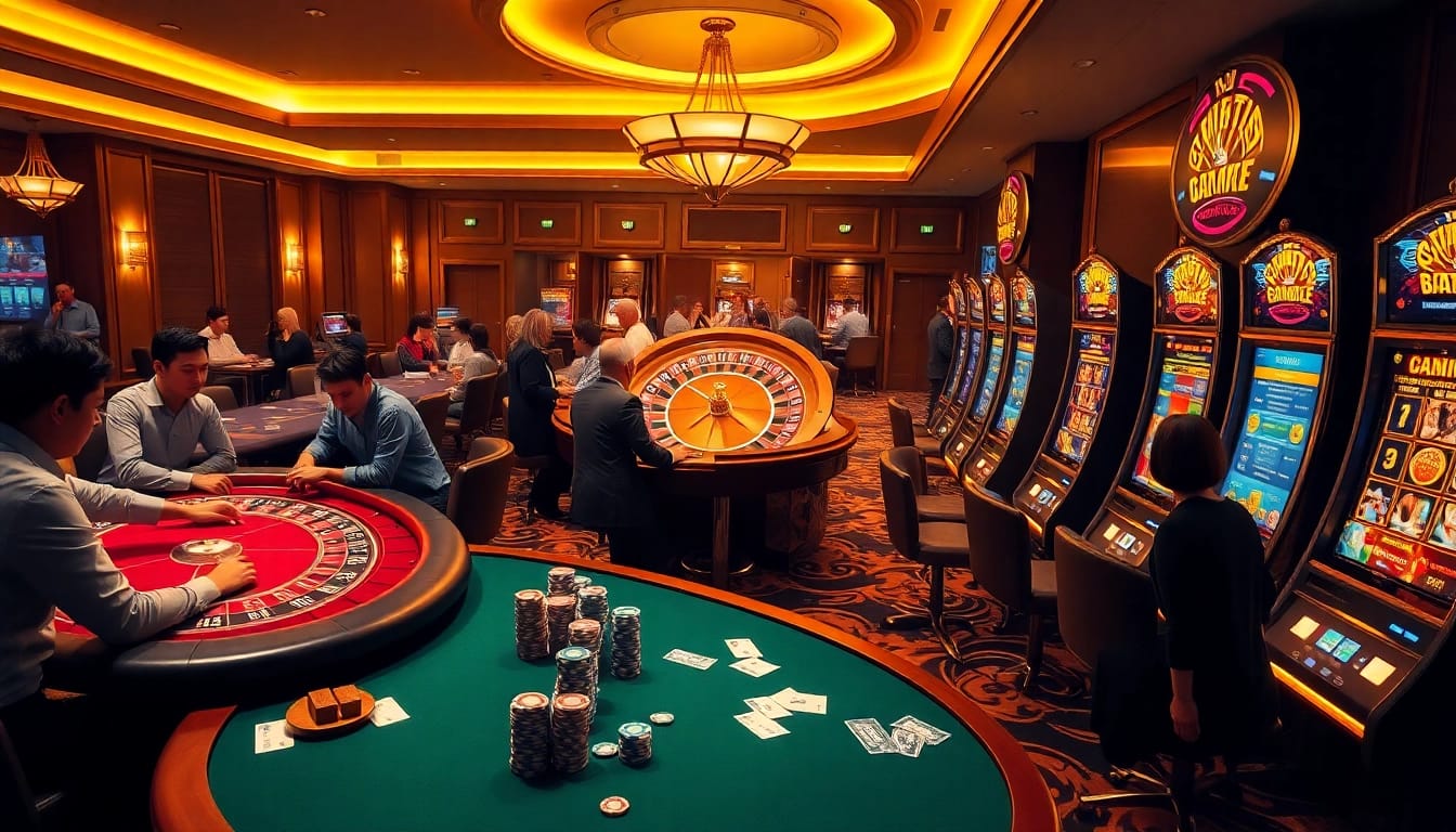 Exciting casino scene at https://one88za.com/ with players at poker, roulette, and slot machines.