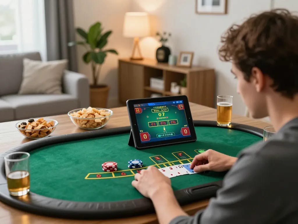 Engaging in WW88 live dealer blackjack at home, showcasing strategic gameplay and cozy atmosphere.