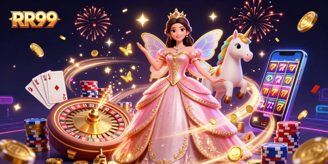 Experience the excitement of RR99 as golden coins cascade amid a vibrant casino scene.