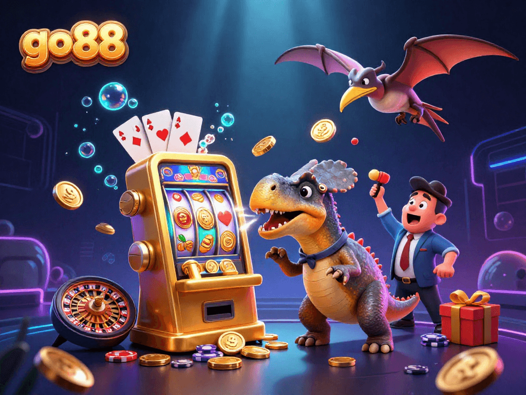Experience go 88 excitement as a pachycephalosaurus triggers a jackpot from a golden slot machine.