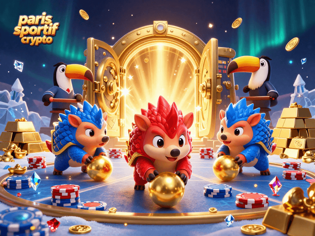Pariez sur paris sportif crypto avec des pangolins rivalisant dans un jeu dynamique rempli de pièces d'or.
