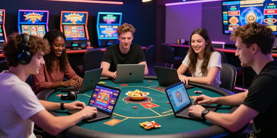 Dynamic scene of UK players enjoying games at non-GamStop casinos, showcasing fun and camaraderie.