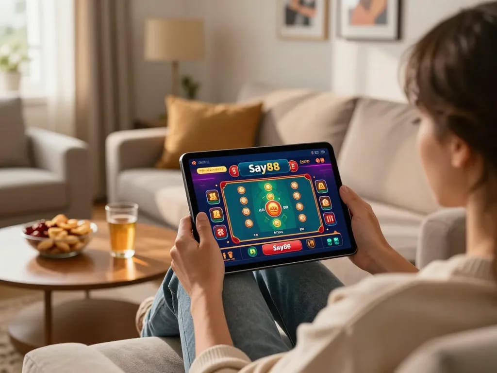 Engaged user exploring the App Say88 on a tablet while enjoying snacks in a cozy home setup.