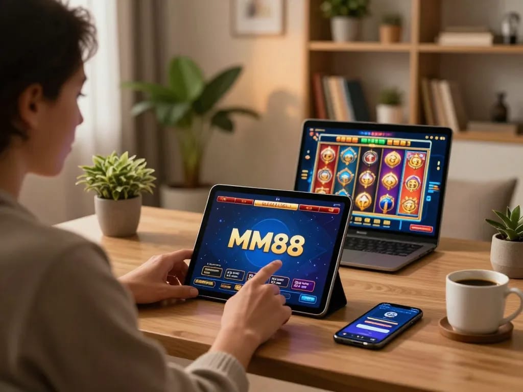 Engaging online gambling experience with MM88 logo on tablet during cozy gaming setup.