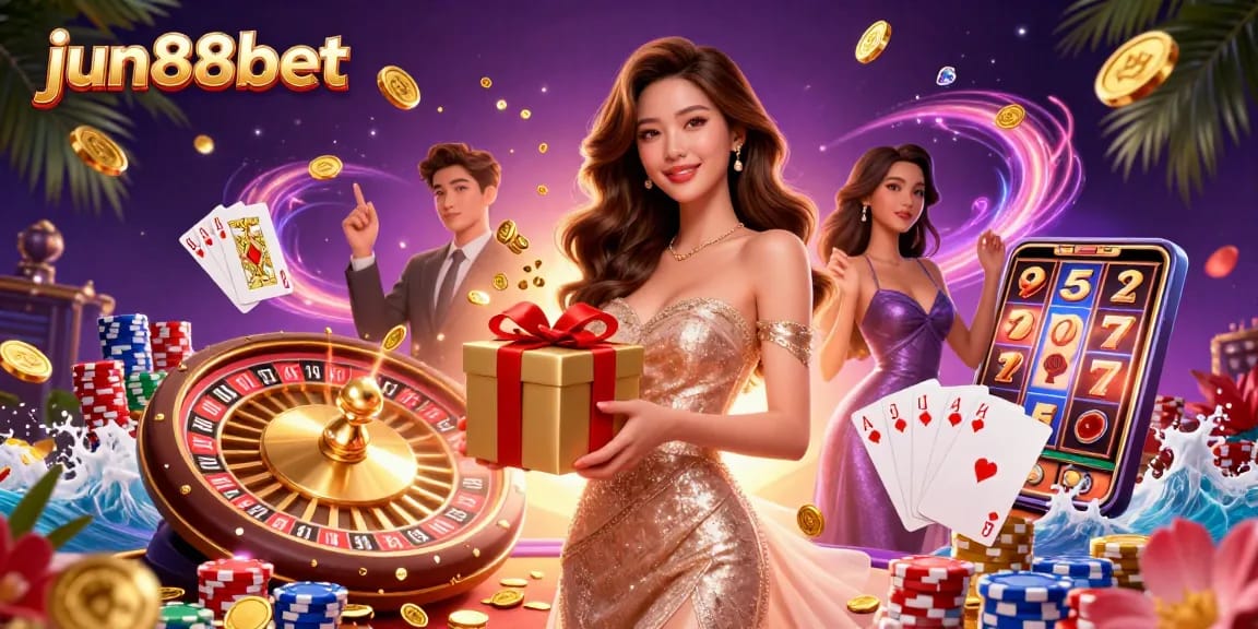 Join the excitement at jun88bet with a festive Lunar New Year casino scene featuring a welcoming woman holding a gift box of golden coins.