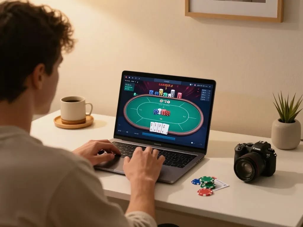 Player strategizing in an online poker game on f8bet using a laptop at home.