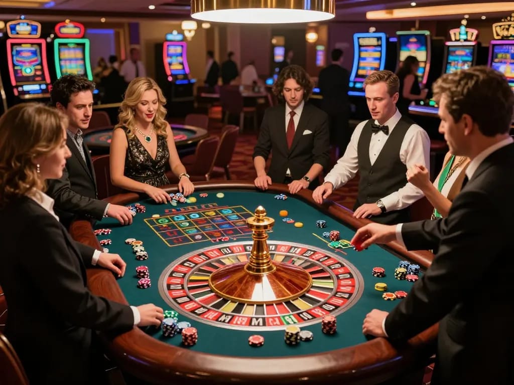 Players enthusiastically betting at a roulette table in a vibrant casino atmosphere with az888, celebrating the thrill of gaming.