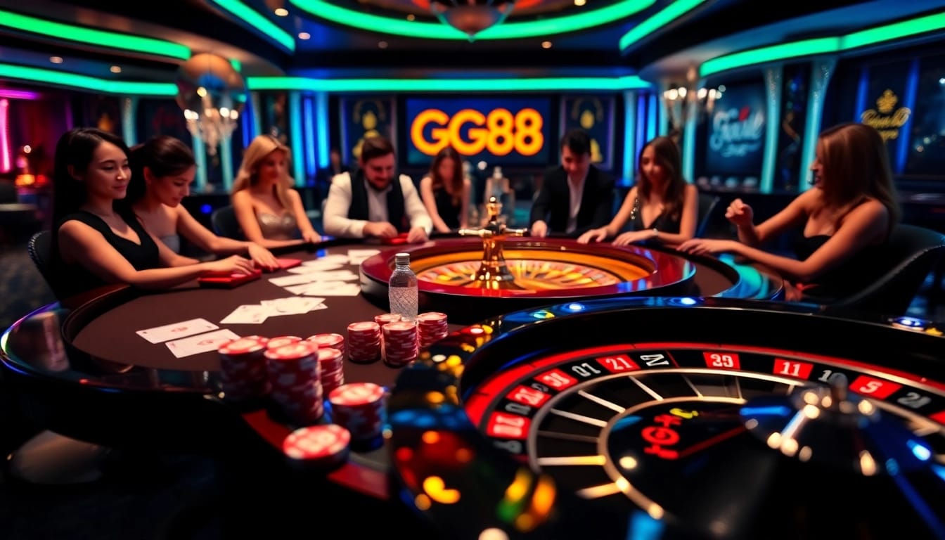 Experience thrilling gameplay at GG88's glamorous casino with vibrant tables and exciting players.