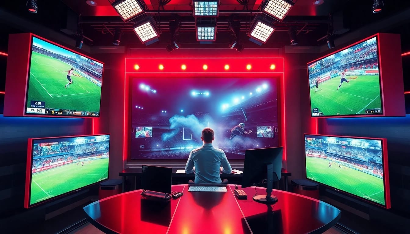 Engaging sports broadcasting studio highlighting live sports events with modern features.