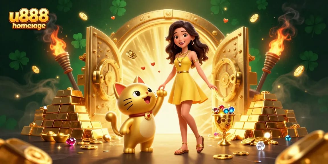 Engage with u888 homepage through a vibrant casino illustration showcasing exciting games and rewards.