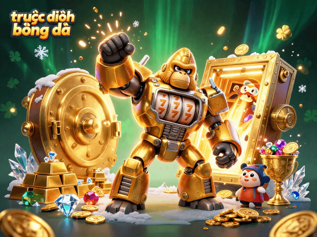 Experience trực tiếp bóng đá with a dynamic scene featuring a golden gorilla mech and treasure elements.