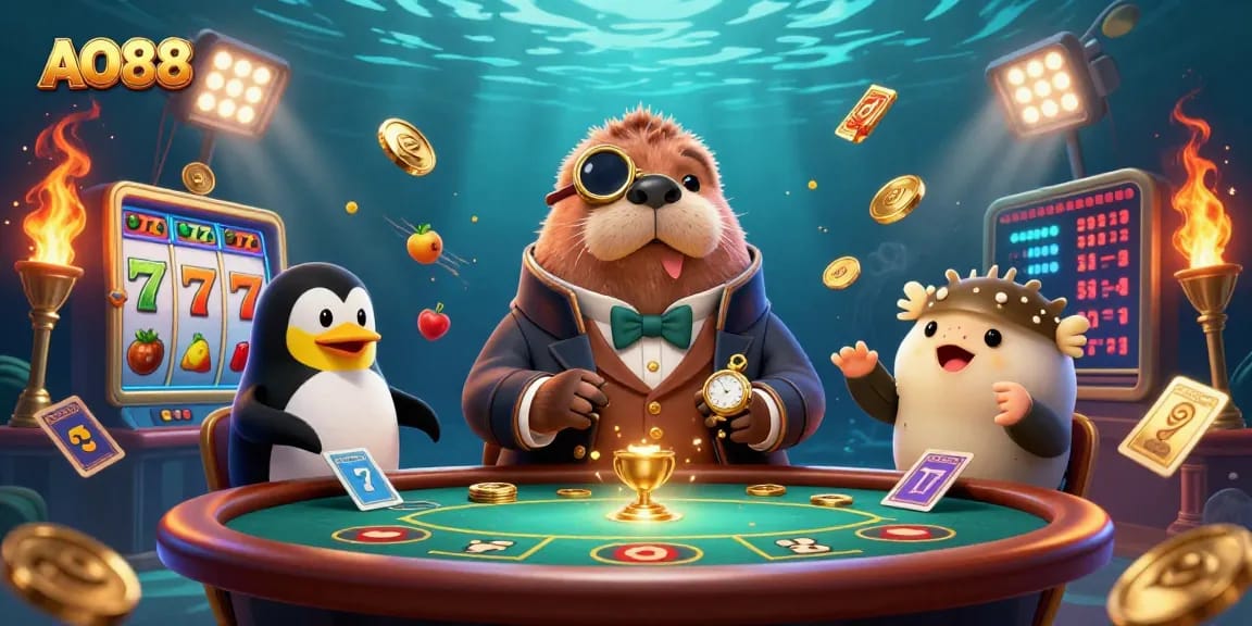 Experience the thrill of AO88 slots with a jolly walrus, penguin dealer, and a bluffing pufferfish.