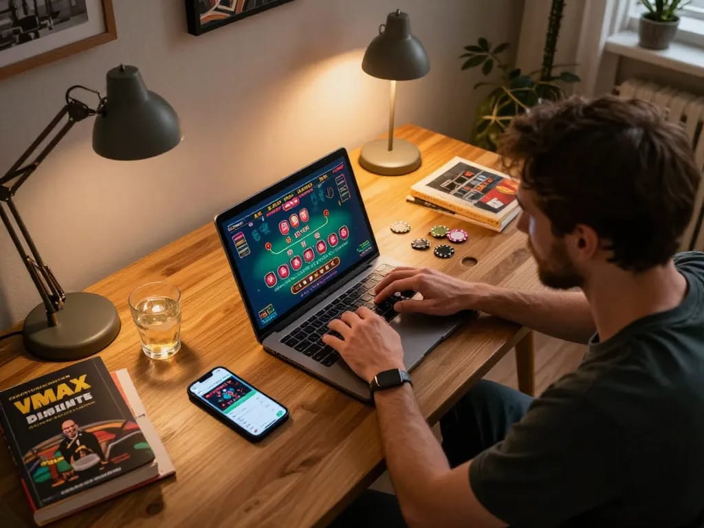 Player engaging in live dealer blackjack on VMAX casino app from home with cozy ambiance.