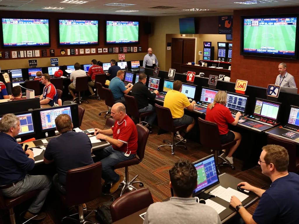 Engaged bettors analyzing kèo nhà cái 5 in a vibrant sports betting venue with screens