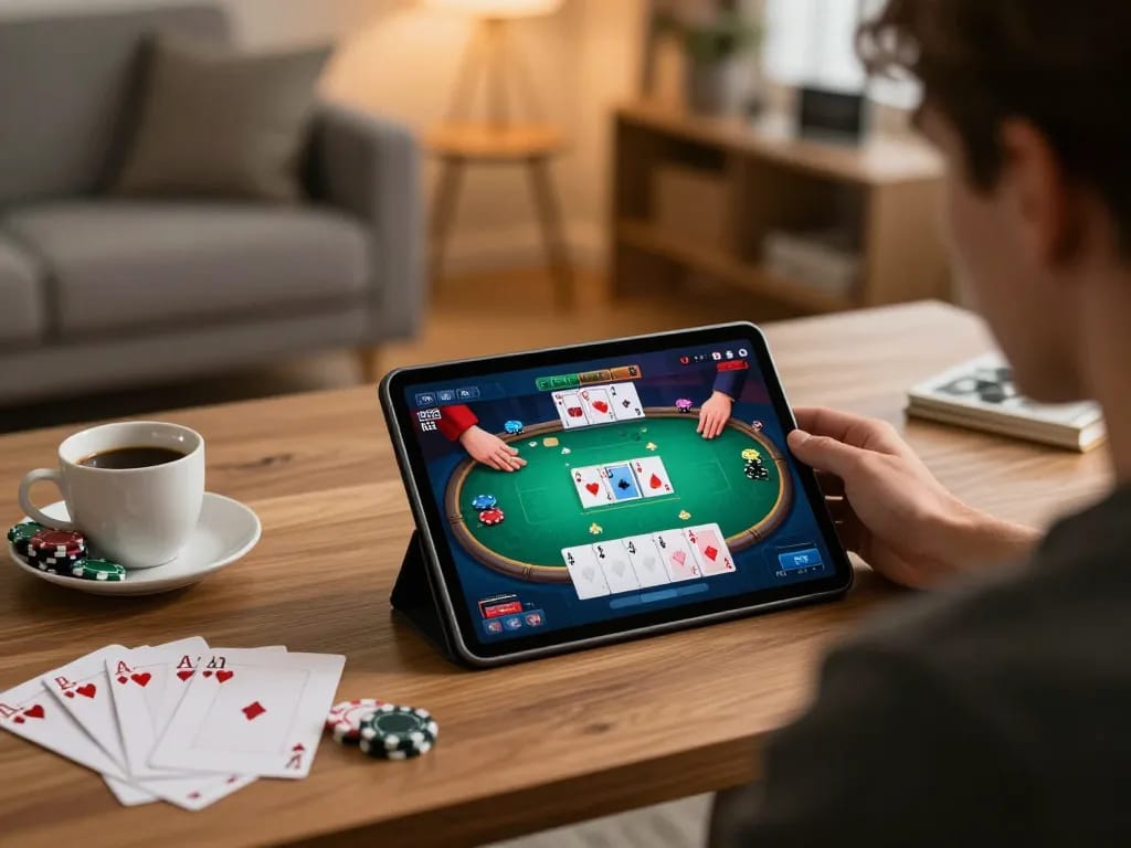 Player enjoying SHBET poker game on tablet surrounded by strategy notes and coffee