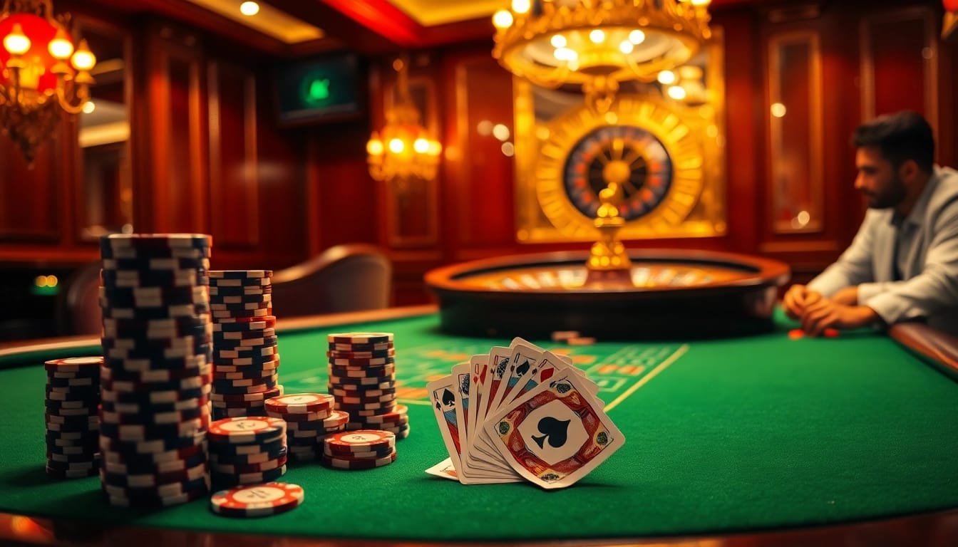 Experience high-stakes action at https://ku88it.com/ with vibrant poker chips and casino tables.
