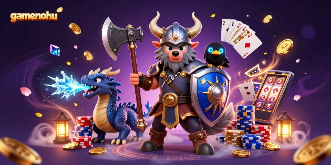Experience thrilling casino adventures with gamenohu featuring a Viking warrior, dragon, and vibrant game elements.