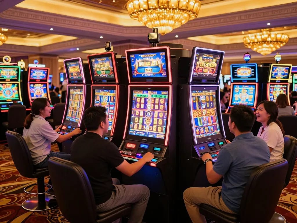 Players enjoying dynamic slot machines in a vibrant casino environment with C168 displays
