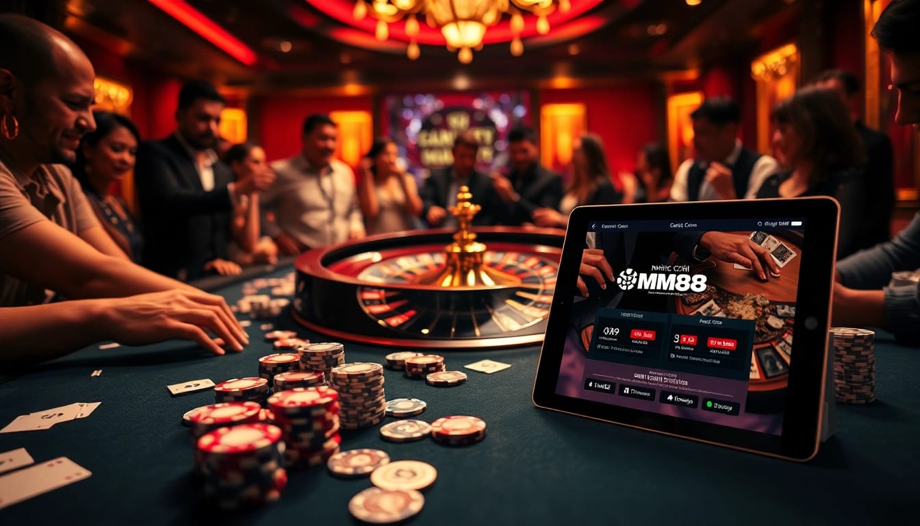 NHÀ CÁI MM88 lively casino scene with roulette, poker chips, and an online gaming interface