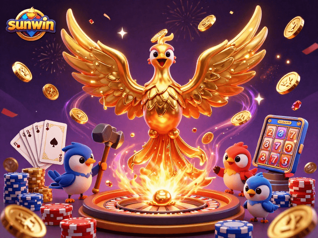 Sunwin's golden phoenix heralds thrilling wins in a vibrant casino scene filled with dynamic gaming elements.