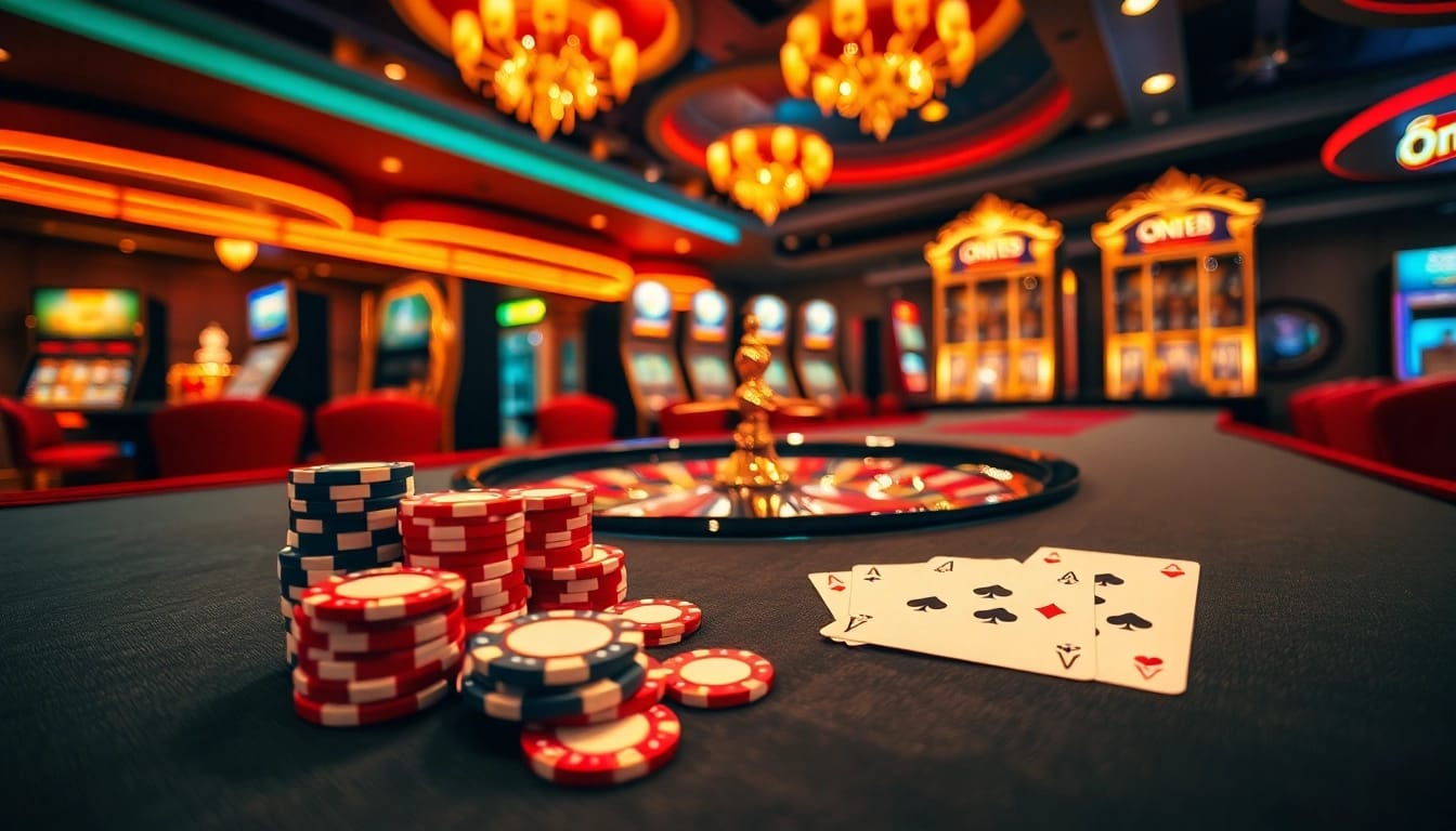 Experience the excitement of ONE88 with immersive casino visuals featuring poker tables and roulette wheels.