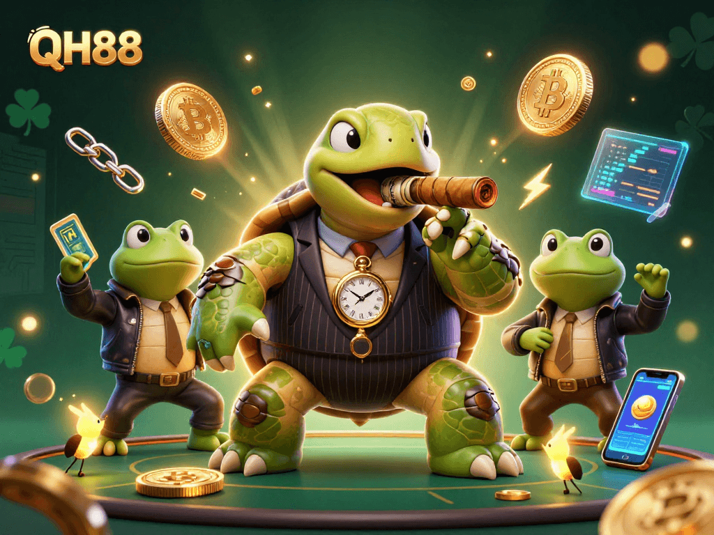 Experience QH88, where a mobster turtle and bullfrog enforcers rule the crypto casino scene!