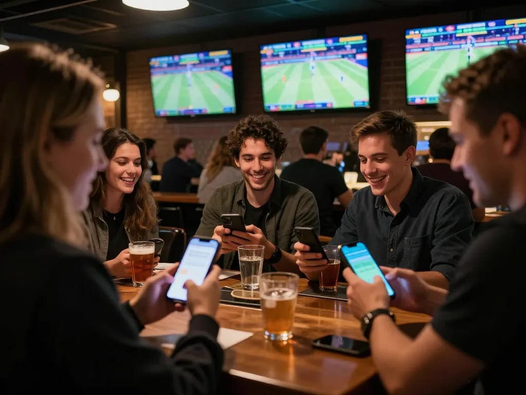 Watch kubet77 players engaging with sports betting apps in a lively bar setting