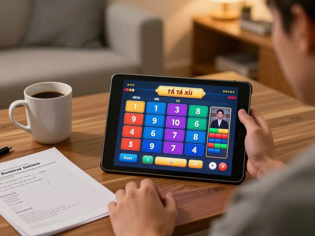 Enjoying a thrilling game of tài xỉu online using a tablet in a cozy home environment with strategic notes.