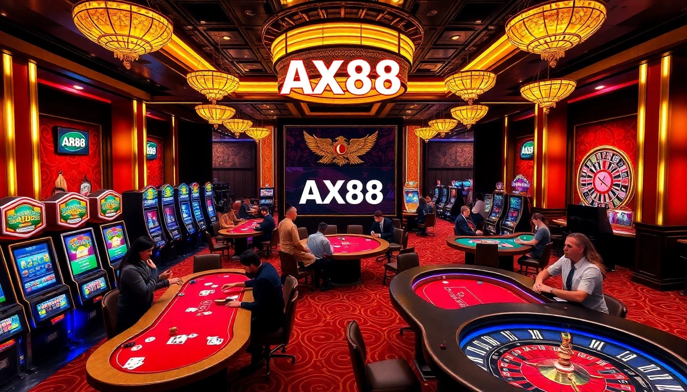 Engaging scene of gamblers at AX88 casino tables, showcasing poker, roulette, and slot machines.