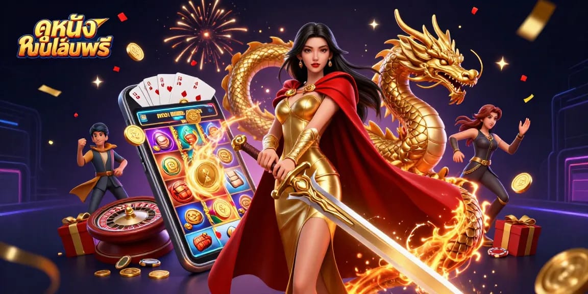 Play ดูหนังออนไลน์ฟรี with stunning characters and casino-themed visuals in a vibrant 3D illustration.