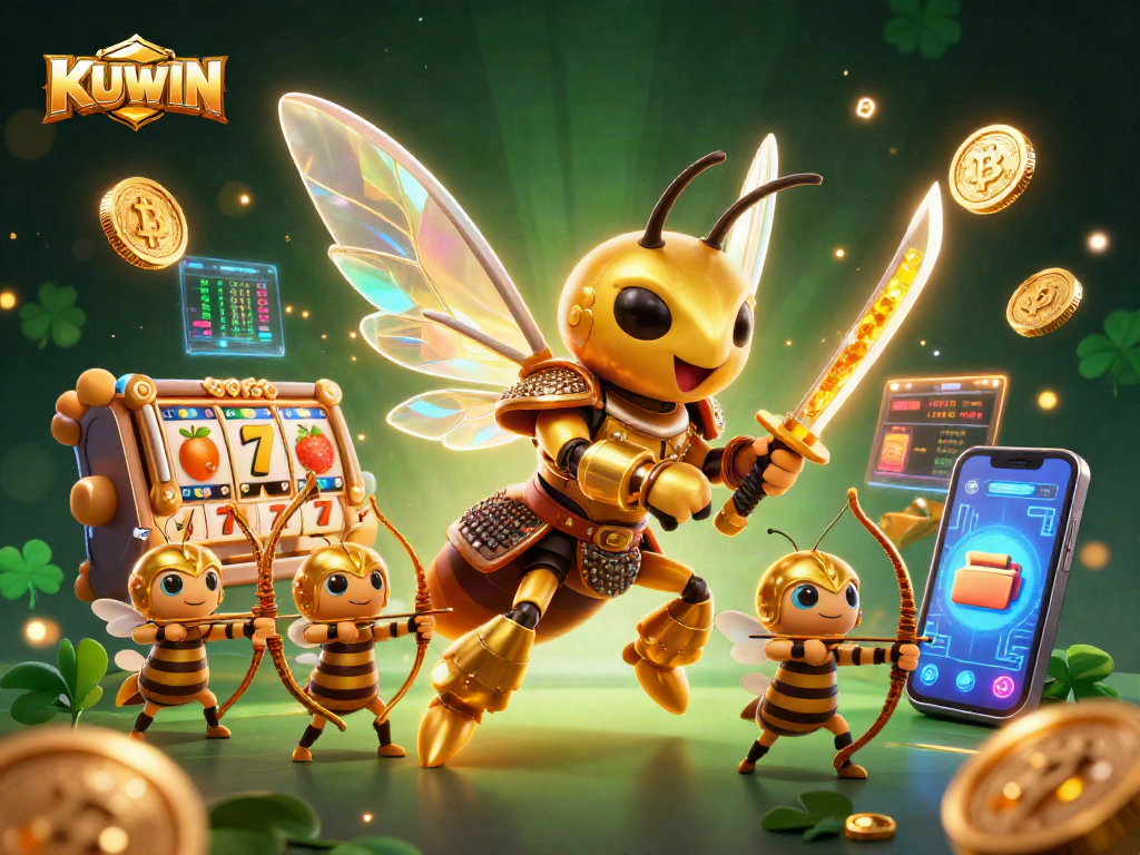 KUWIN features a dynamic 3D scene with a giant golden hornet and exciting casino elements, showcasing slot games.