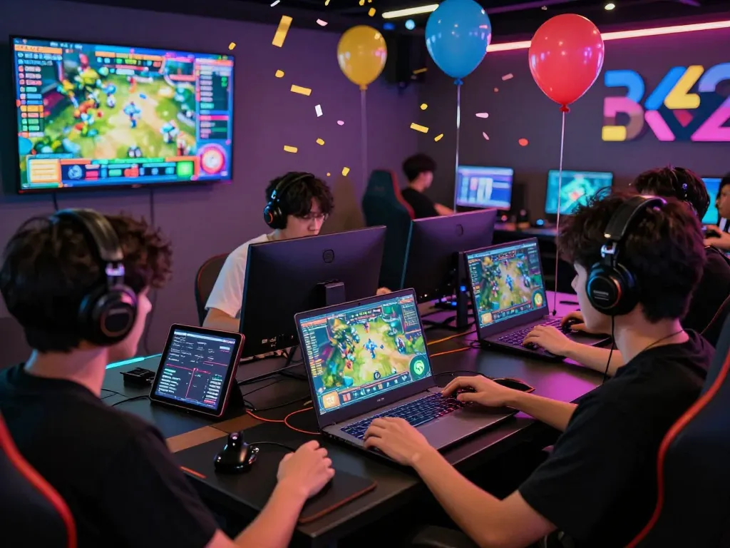 Gamers enjoying the B52 online gaming experience with vibrant displays and promotional elements in a lively lobby.