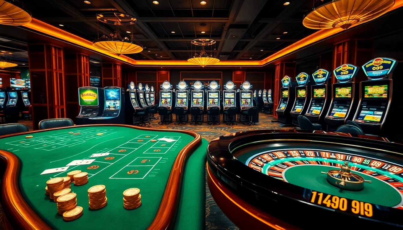 Exciting Go99 casino scene with vibrant tables and illuminated slot machines.