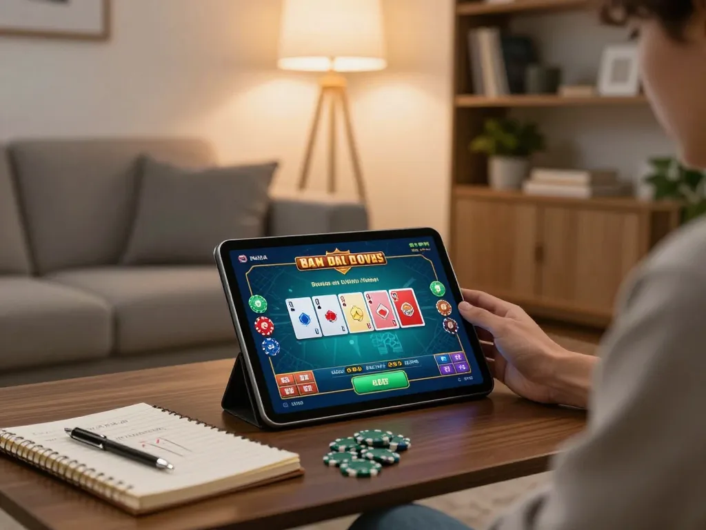 Engaging with game bài đổi thưởng on a tablet in a cozy home setting