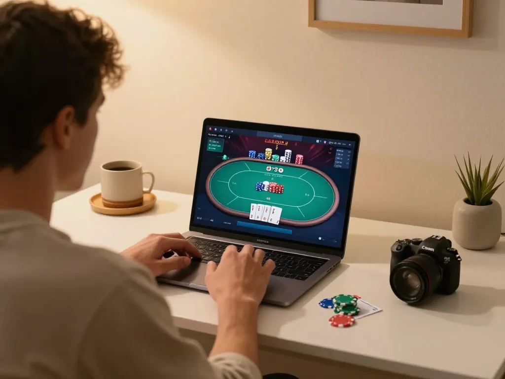 Player strategizing in an online poker game on f8bet using a laptop at home.