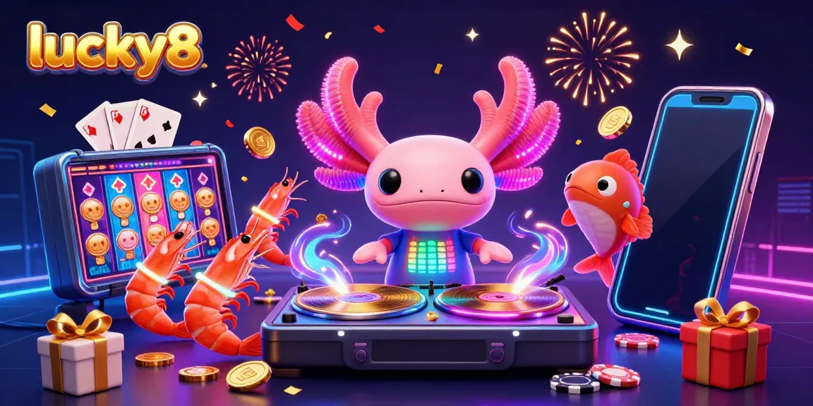 Join the fun with lucky8's vibrant casino scene featuring a DJ axolotl and lively sea creatures.