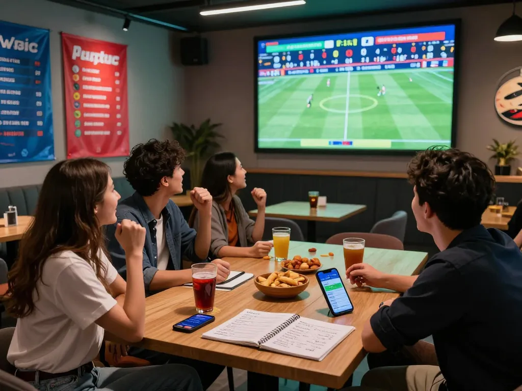 Engaging scene of friends enjoying kèo nhà cái 5 in a lively sports betting lounge.