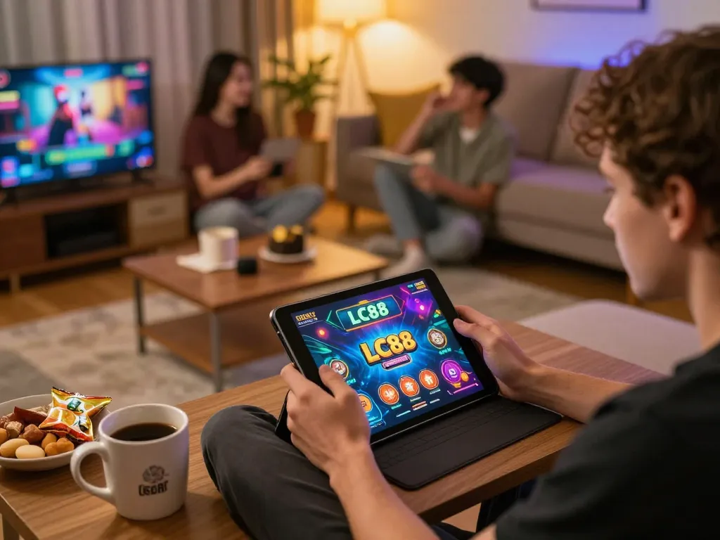 Player enjoying an exciting online gaming session with LC88 on tablet in cozy home setting