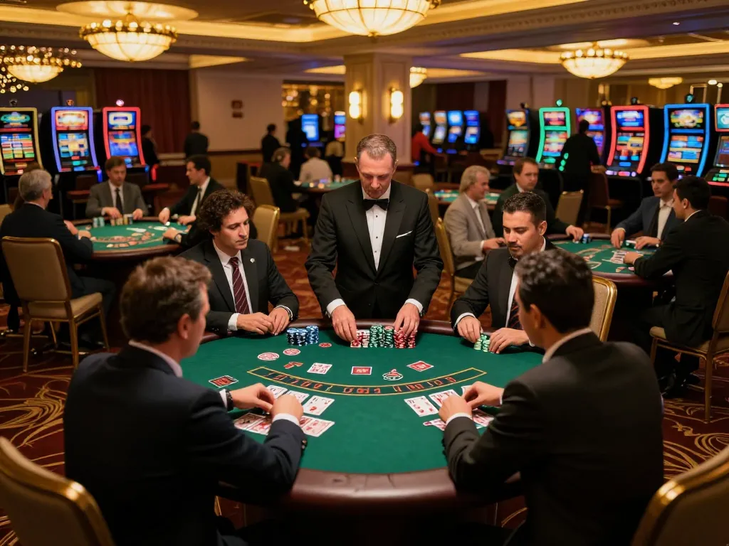 Competitors at hit club blackjack tournament analyzing strategy at polished tables