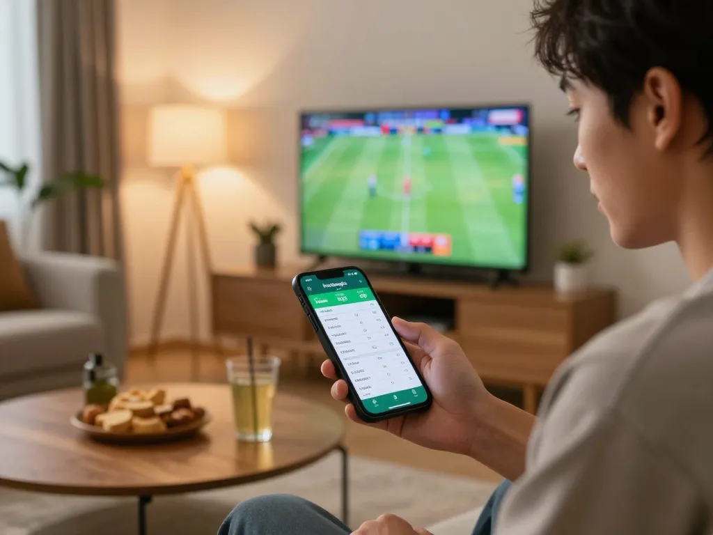 Person engaging with the keobongda app for live sports betting while watching a match at home.