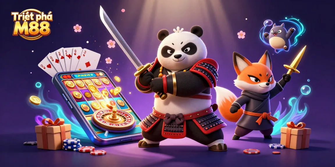Experience immersive gambling excitement with Triệt phá M88 in a vibrant 3D illustration