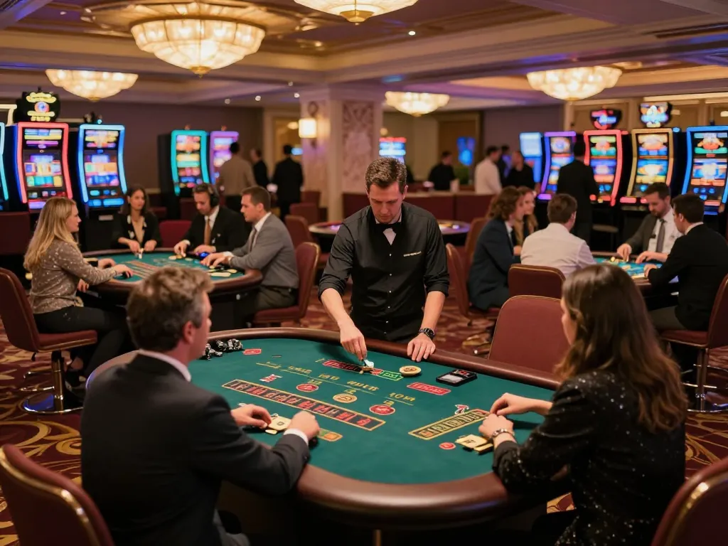 Players strategizing at tables on the vibrant casino floor of 98win com, showcasing blackjack and roulette action.