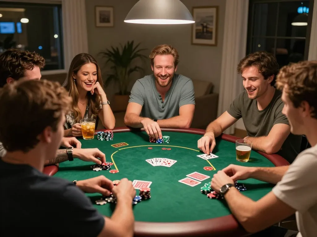 A group enjoying a lively poker night at home, embodying the spirit of community gaming with 789betgo.