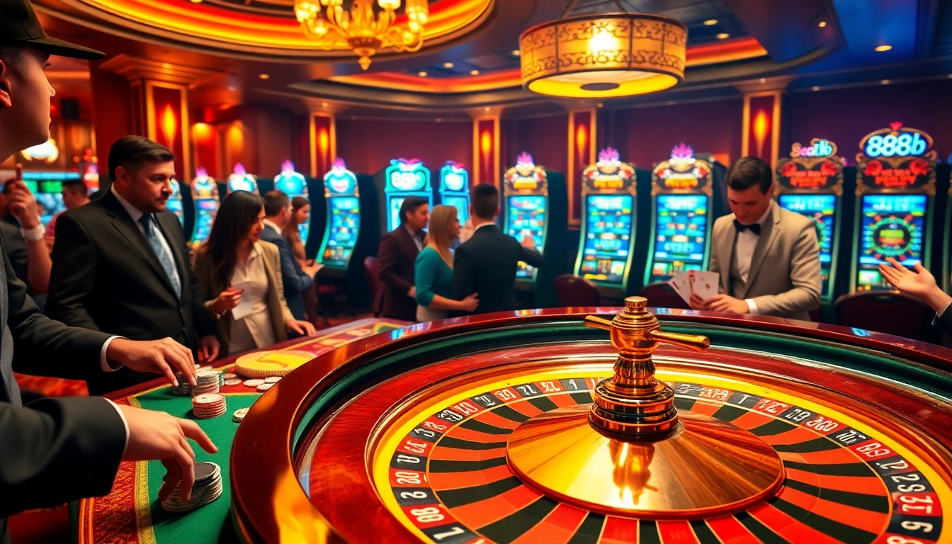 Excited players engage in a luxurious casino scene featuring 888b roulette, vibrant chips, and dynamic wins.