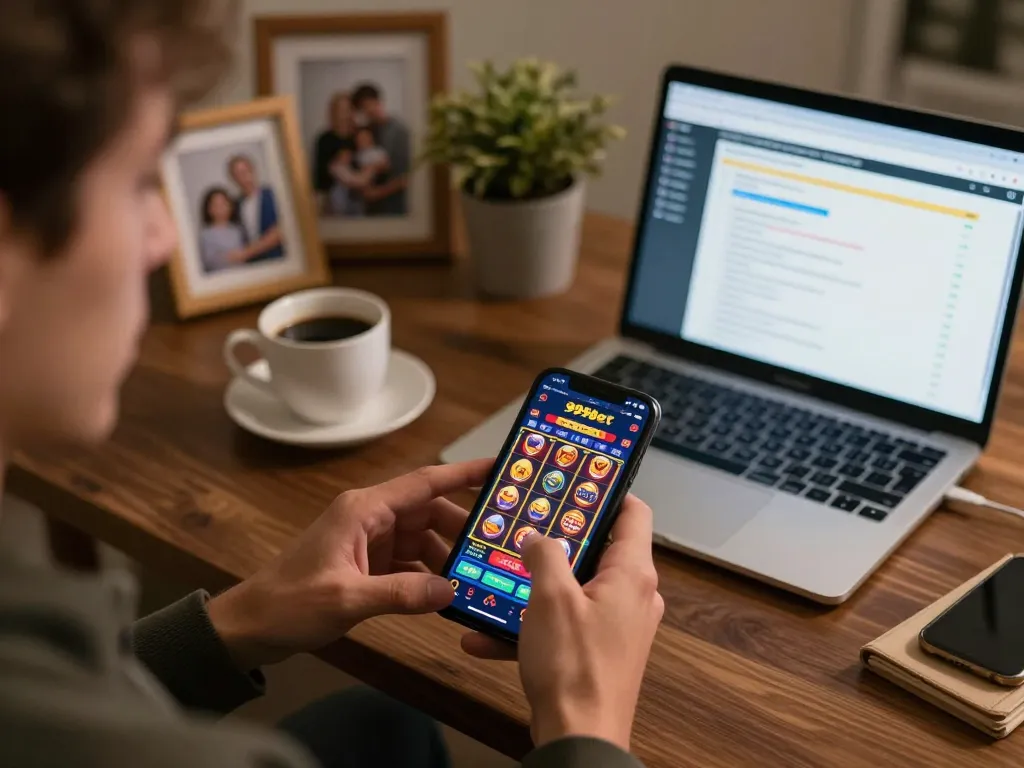 Player engaging in the 999bet casino app on smartphone with vibrant slot graphics.