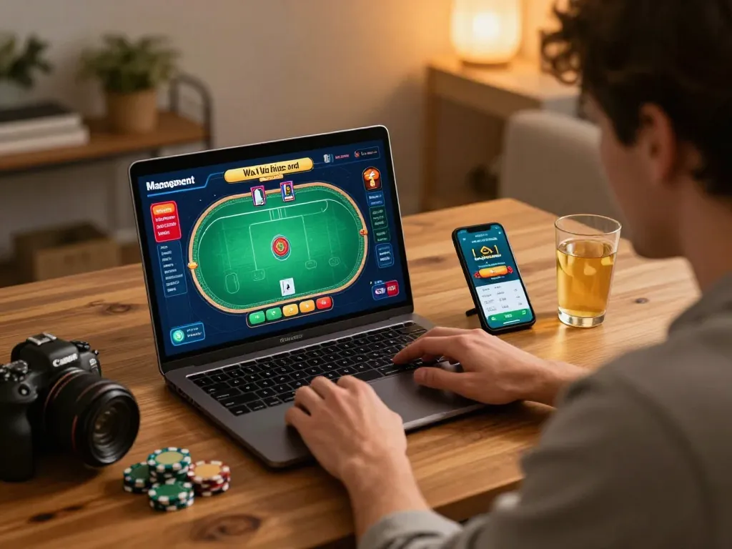 Player enjoying a strategic poker game with xin88 on their laptop and smartphone, highlighting responsible gambling.