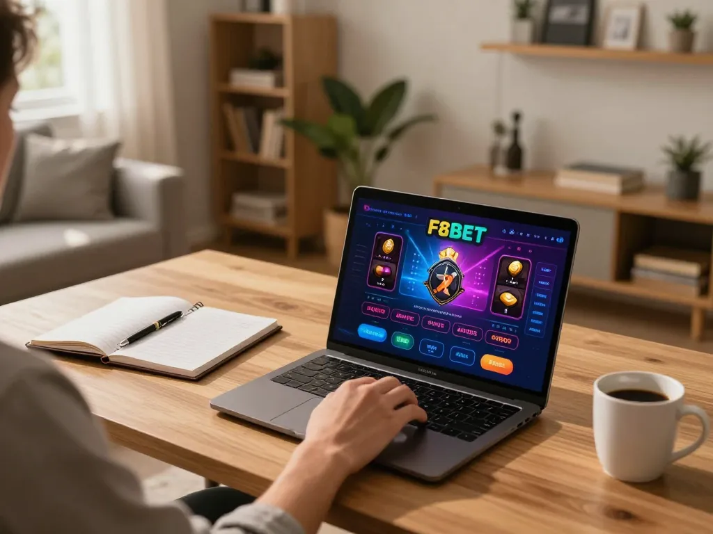 Person strategizing F8BET online gambling in a cozy home office with laptop and notes